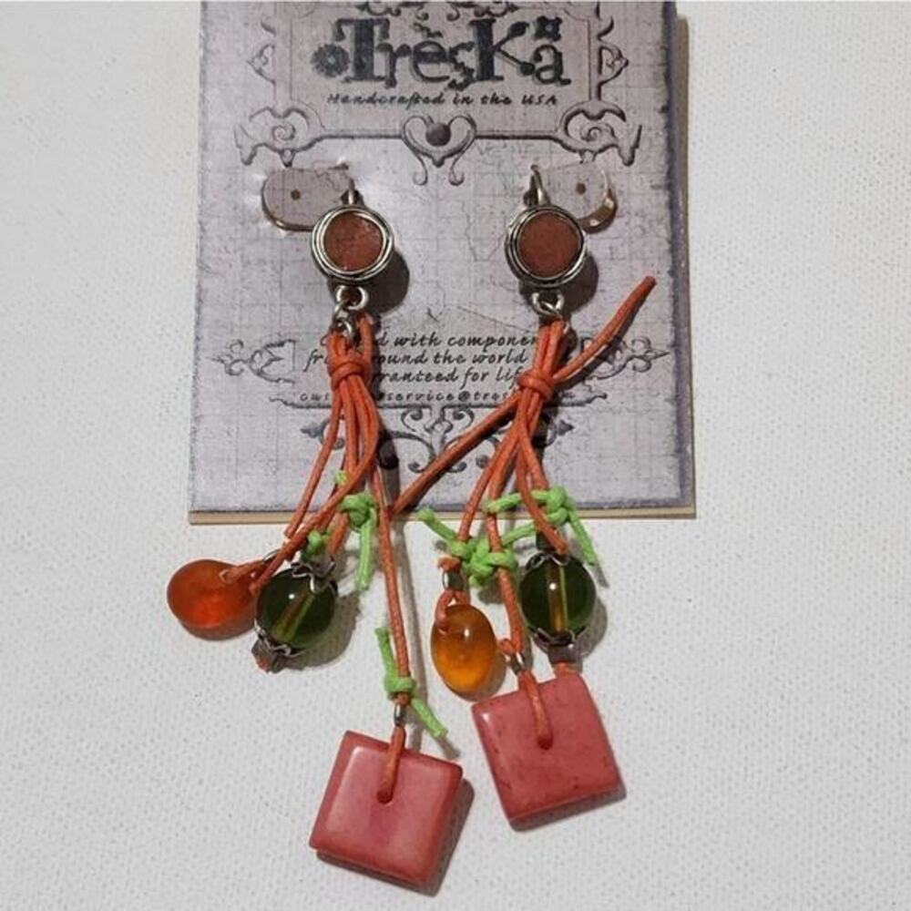 Treska Handcrafted USA Boho Dangle Earrings Orange Green Pink Tassel Statement
